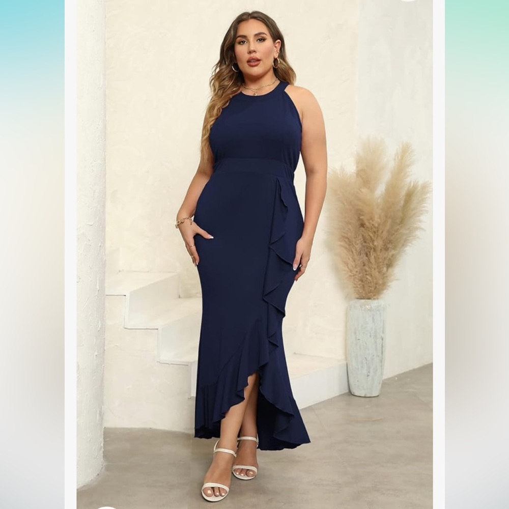 Keluummi Plus Size Dress, Mermaid, Halter Neck, Navy, 18 Plus